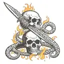 Snake wrapped around a Sword surrounded by flames, stabbed into a skull tattoo design idea