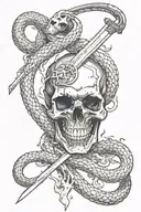Snake wrapped around a Sword surrounded by flames stabbed into a skull tattoo design idea
