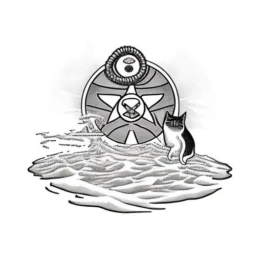 A realistic tattoo of a fallout shelter sign with a cat sitting on top and a runner running towards it tattoo design idea