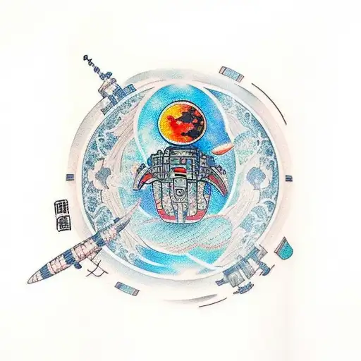 A traditional tattoo of a spaceship from The Expanse series with a runner silhouette inside it, holding a beer tattoo design idea