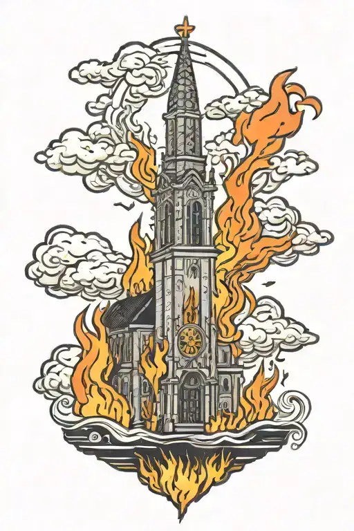 gothic Catholic Church on fire, on floating island  tattoo design idea