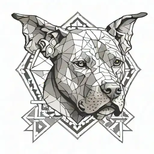 Design a geometric pattern incorporating a pitbull face and VFW emblems to symbolize your retired occupation and love for animals tattoo design idea