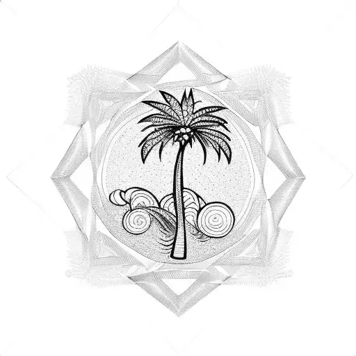 Palm tree diamond with wave tattoo design idea