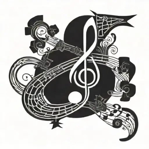 A tattoo design of a music note intertwined with a winding path representing walking, with cloud and sun elements symbolizing weather, in a blackwork style tattoo design idea