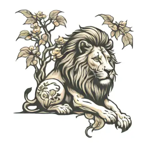 lion sitting under peach tree  tattoo design idea