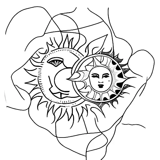 2 puzzle pieces that fits together with a sun in one and a moon in the other. black and white tattoo design idea