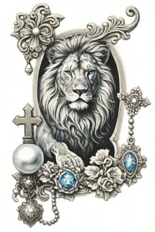 blue eyed lion and cross and pearls tattoo design idea