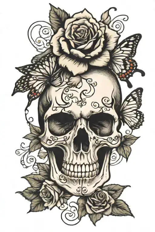 Skull and Rose butterfly tattoo design idea