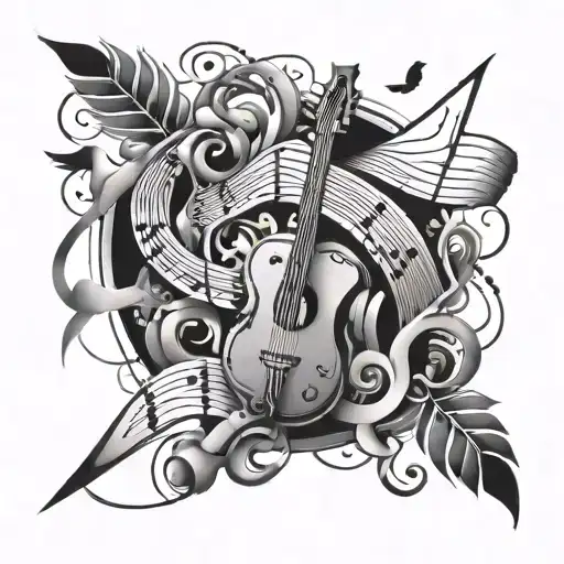 An abstract design combining elements of music, strength, and addiction in a visually striking composition tattoo design idea