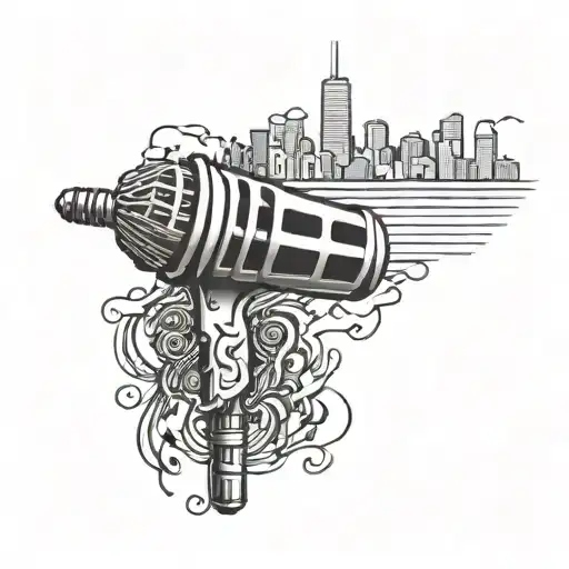 A stylized microphone intertwined with music notes and a silhouette of Chicago skyline tattoo design idea