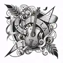 An abstract design combining elements of music, strength, and addiction in a visually striking composition tattoo design idea