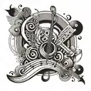 An abstract design combining elements of music, strength, and addiction in a visually striking composition tattoo design idea