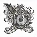 An abstract design combining elements of music, strength, and addiction in a visually striking composition tattoo design idea