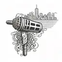 A stylized microphone intertwined with music notes and a silhouette of Chicago skyline tattoo design idea