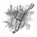 A stylized microphone intertwined with music notes and a silhouette of Chicago skyline tattoo design idea