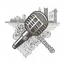 A stylized microphone intertwined with music notes and a silhouette of Chicago skyline tattoo design idea
