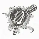 A stylized microphone intertwined with music notes and a silhouette of Chicago skyline tattoo design idea