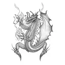 A blackwork tattoo of a fiery dragon breathing flames shaped like cooking utensils, representing the passion for both fire and cooking tattoo design idea