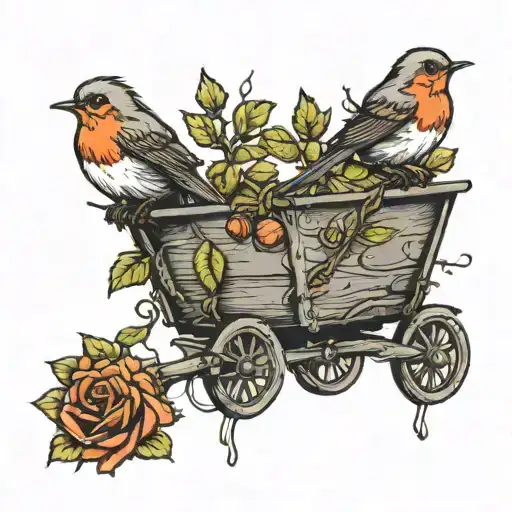 a robin and a rose on a ebony tree with a wagon wright tattoo design idea