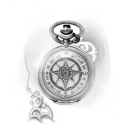 Design me a tattoo of a pocket watch, with an 8 point nautical star centered in the middle, no hour or minute hands tattoo design idea