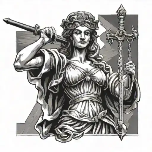 A powerful portrait of Lady Justice wielding a sword, symbolizing the fight for justice and equality tattoo design idea