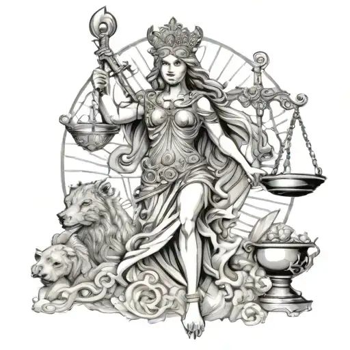 Lady Justice as a warrior goddess, holding a balance scale of justice and sword in a mythological setting, with mystical creatures surrounding her tattoo design idea