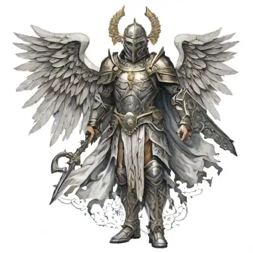 An angelic warrior with intricate armor and weapons, ready for battle tattoo design idea
