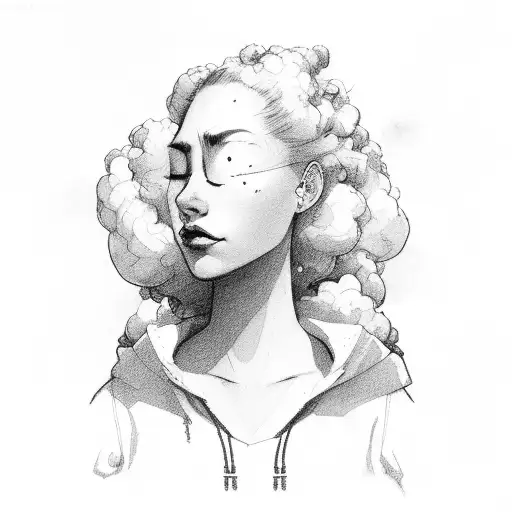 woman with big clouds over head tattoo design idea