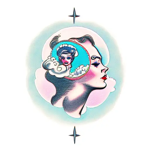 woman with head in the clouds tattoo design idea