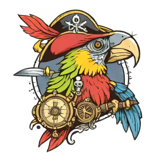 parrot in a pirate hat with a compass with an hourglass tattoo design idea