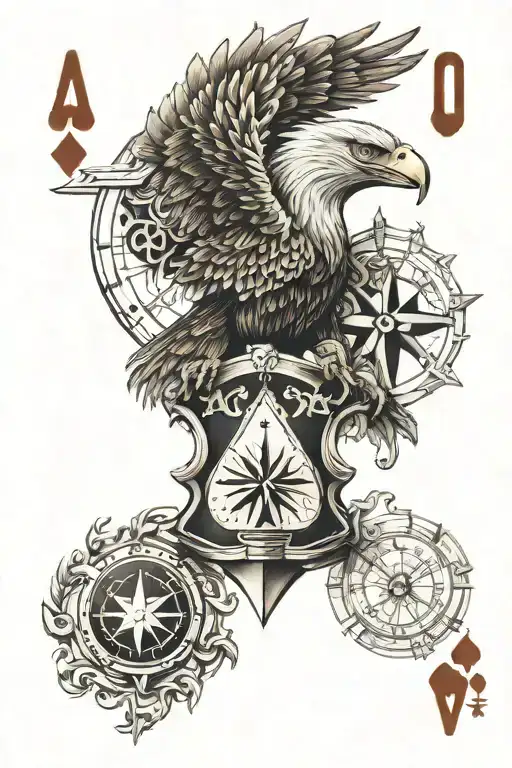eagle, wolf, compass, and ace of spades playing card tattoo design idea