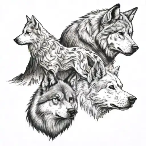 Wolf and tocororo bird and bull and St. Bernard dog and Rooster in wood tattoo design idea