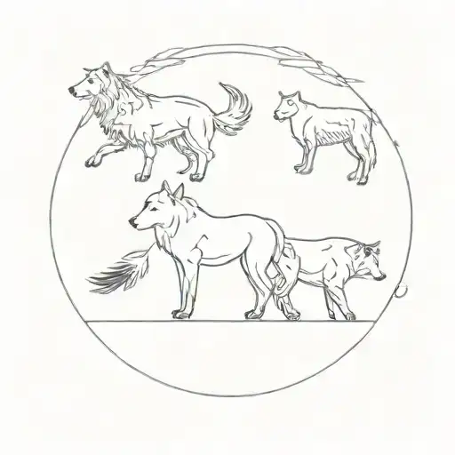 Wolf and tocororo bird and bull and St. Bernard dog and Rooster in wood tattoo design idea