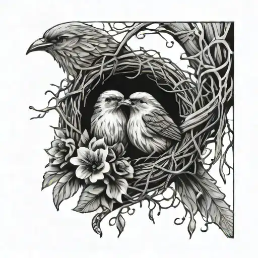 empty nest with flowers intertwined tattoo design idea