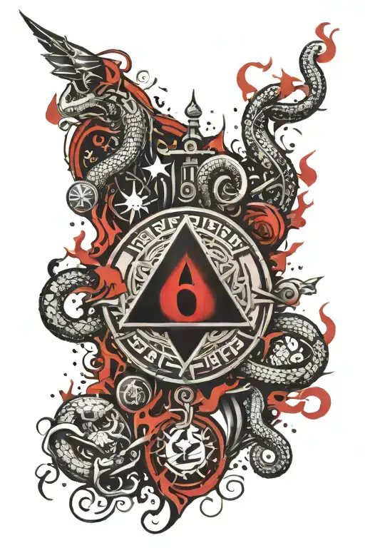 color tattoo on the outer side of the forearm. The theme is "secret society", conspiracy theories, snake slytherin tattoo design idea