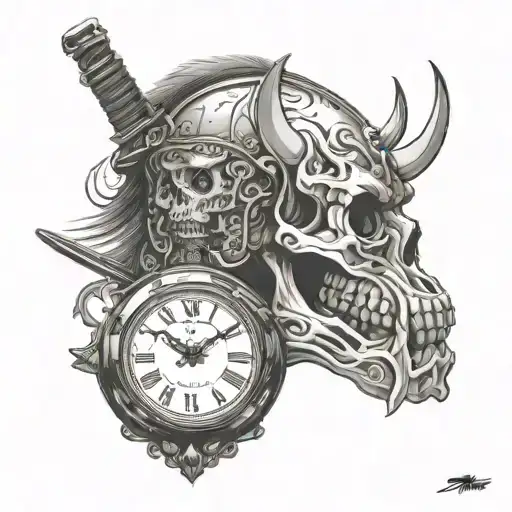 skull clock samurai nike air max tattoo design idea