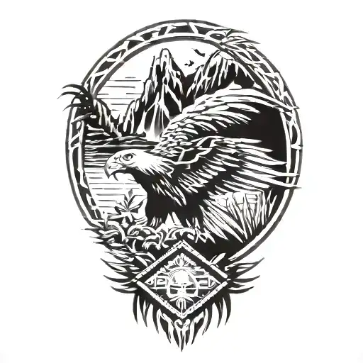 Phillipines and Eagle and Mountain Scene with trees tattoo design idea