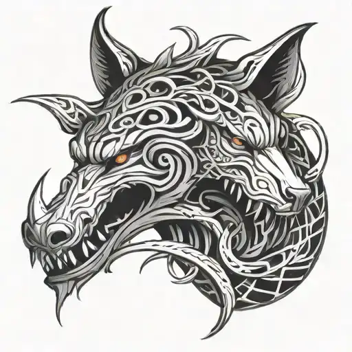 entwined dragon and snake in a wolf's head tattoo design idea