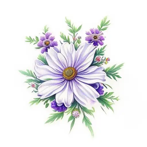 bouquet with violet, rose, chrysanthemum, poppy, larkspur, daisy,   tattoo design idea