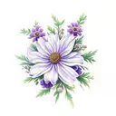 bouquet with violet, rose, chrysanthemum, poppy, larkspur, daisy,   tattoo design idea