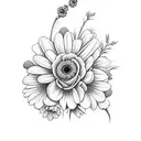 bouquet with violet, rose, chrysanthemum, poppy, larkspur, daisy,   tattoo design idea