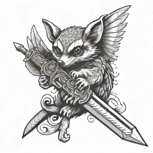 Opposum with wings holding a switchblade knife tattoo design idea