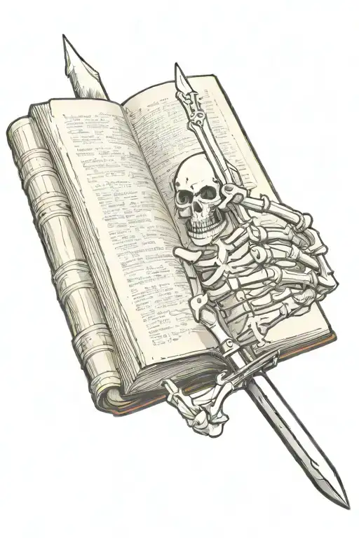 skeleton hand holding a book with a sword coming out tattoo design idea