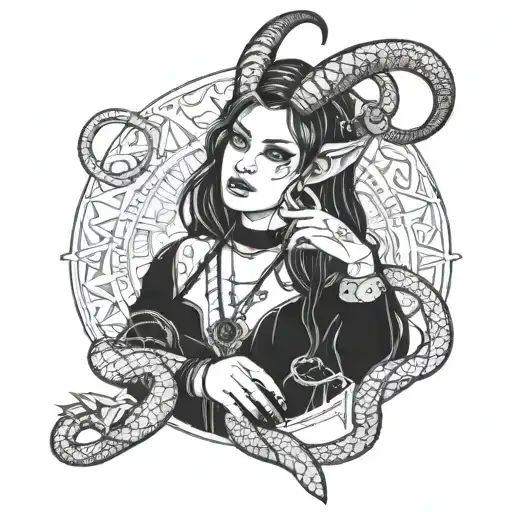 Goth Girl With Horns Wrapped with snake tattoo design idea