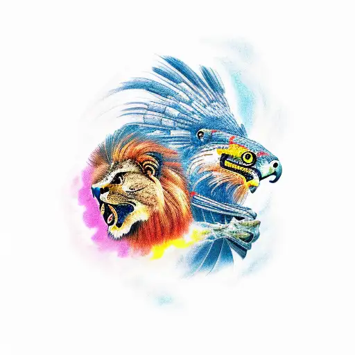 falcon and lion and koi tattoo design idea
