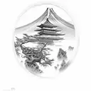 Graphite drawing of a Japanese landscape with a hidden skull tattoo design idea