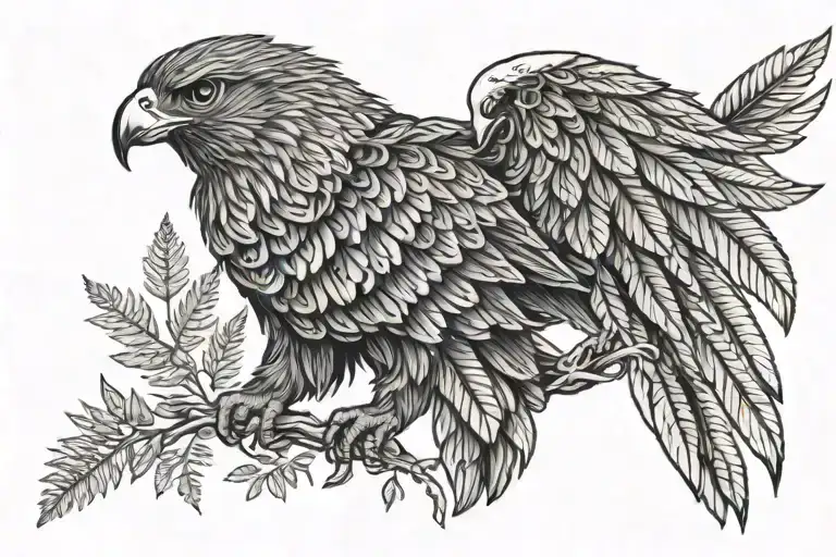 Hawk with New Zealand Silver fern  intertwined within wings tattoo design idea