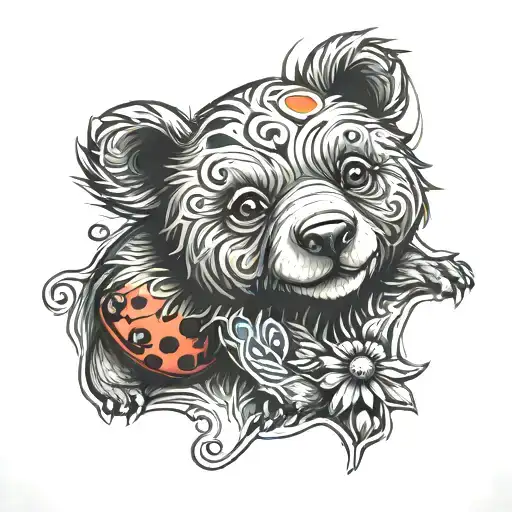 baby bear with lady bug tattoo design idea