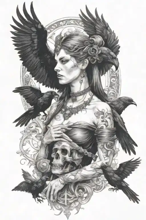 morrigan god of death with raven surrounded tattoo design idea