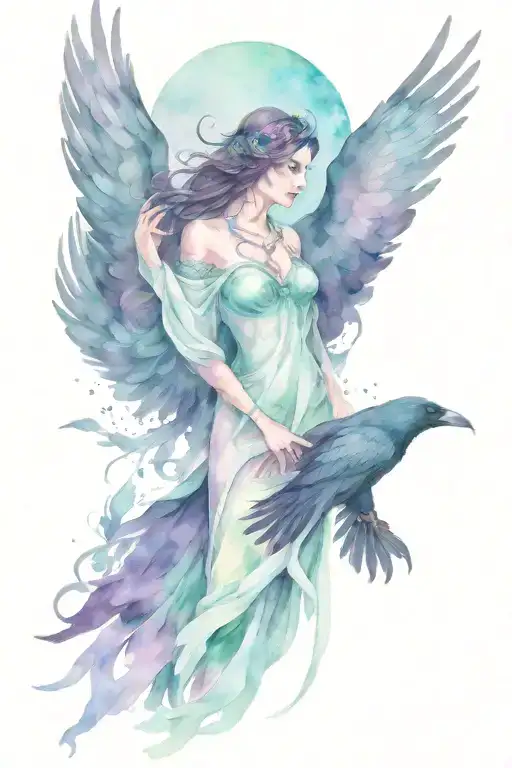 morrigan goddess with raven flying tattoo design idea